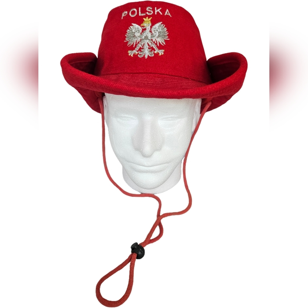 Polish Red Embroidered Silver Eagle  Bucket Hat w/Adjustable Chin Strap UNISEX